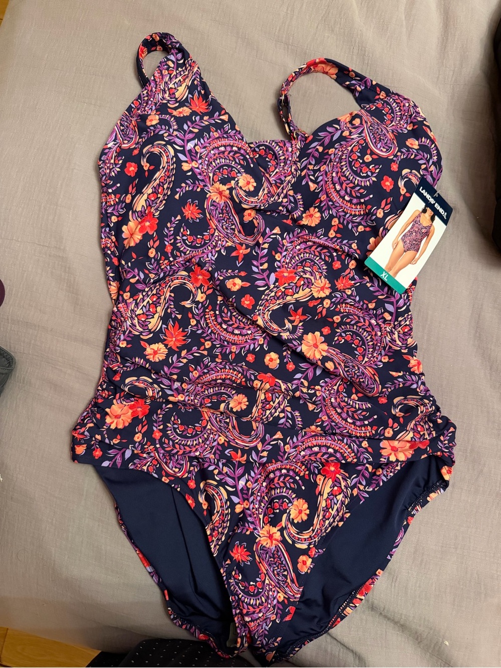 Lands' End Girls' Navy Purple Floral Paisley One-Piece Swimsuit